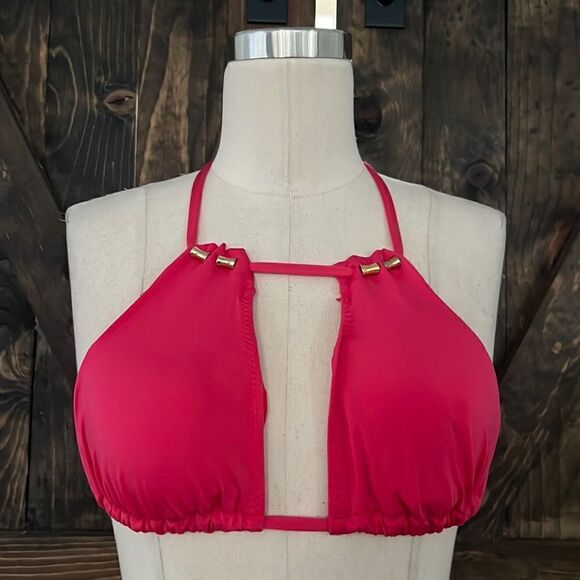 Trina Turk pink high neck halter bikini top Sz-8 - Picture 1 of 9